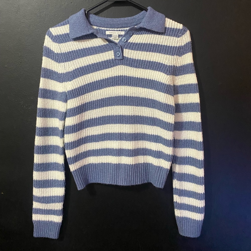 American eagle blue and white striped collared long sleeve, XS